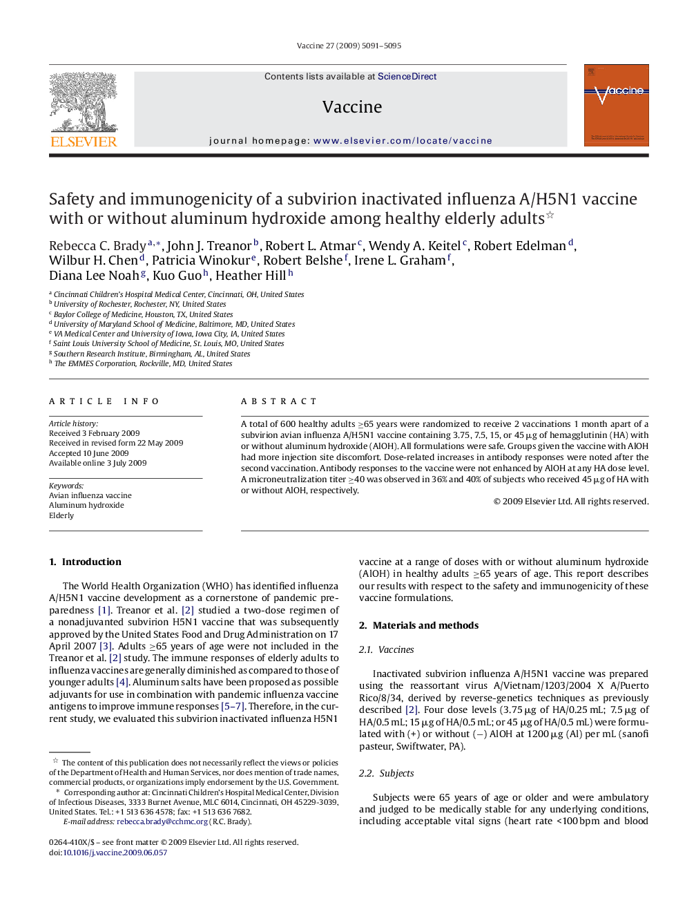 Safety and immunogenicity of a subvirion inactivated influenza A/H5N1 vaccine with or without aluminum hydroxide among healthy elderly adults 