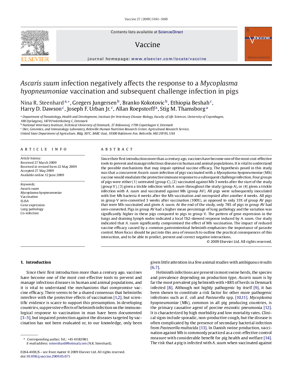 Ascaris suum infection negatively affects the response to a Mycoplasma hyopneumoniae vaccination and subsequent challenge infection in pigs