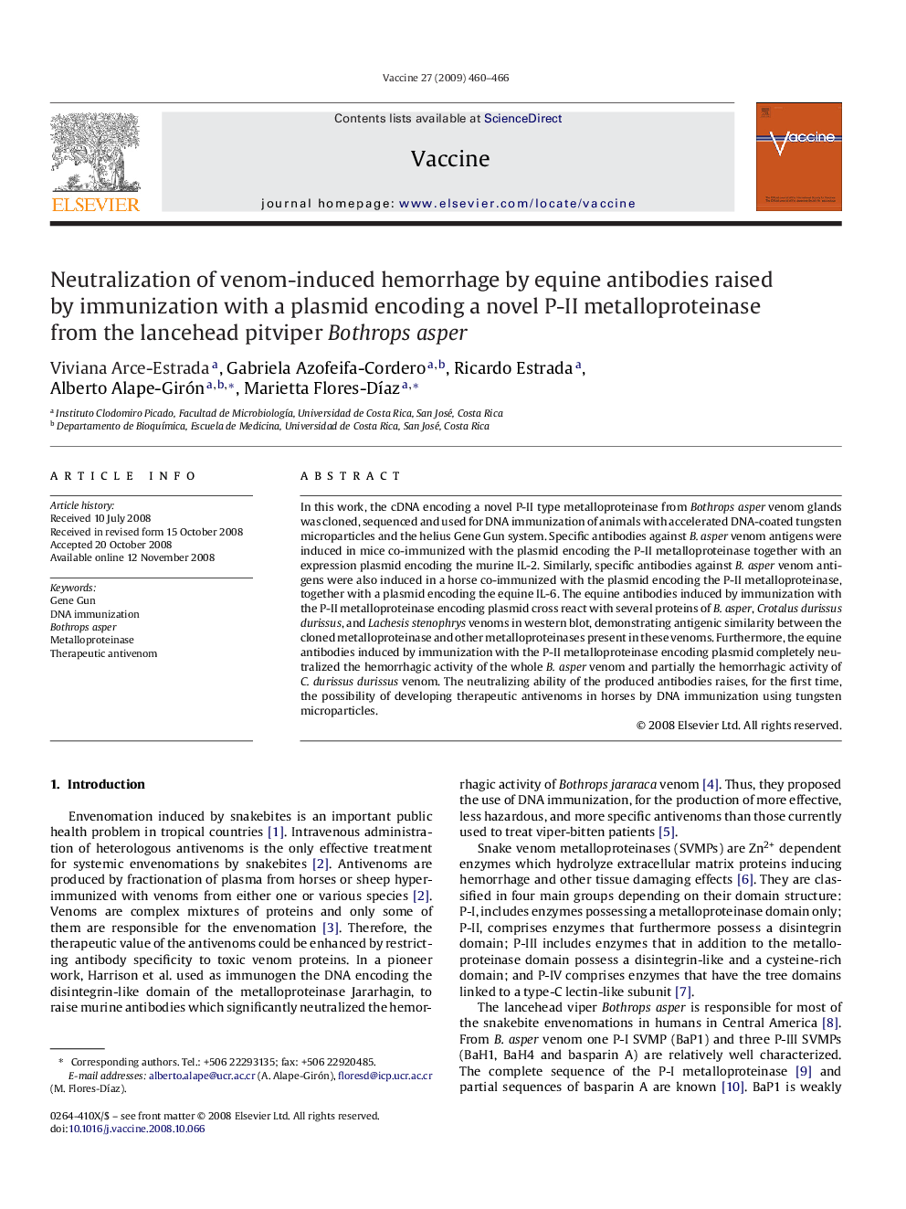 Neutralization of venom-induced hemorrhage by equine antibodies raised by immunization with a plasmid encoding a novel P-II metalloproteinase from the lancehead pitviper Bothrops asper