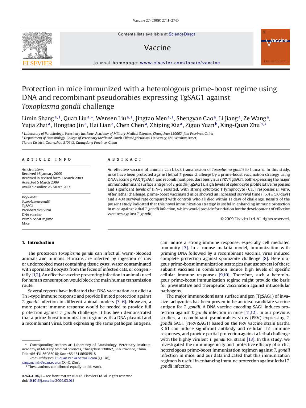 Protection in mice immunized with a heterologous prime-boost regime using DNA and recombinant pseudorabies expressing TgSAG1 against Toxoplasma gondii challenge