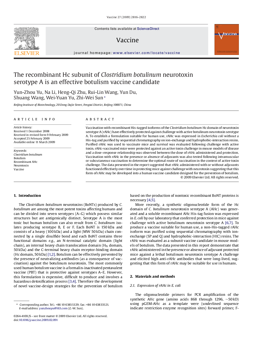 The recombinant Hc subunit of Clostridium botulinum neurotoxin serotype A is an effective botulism vaccine candidate