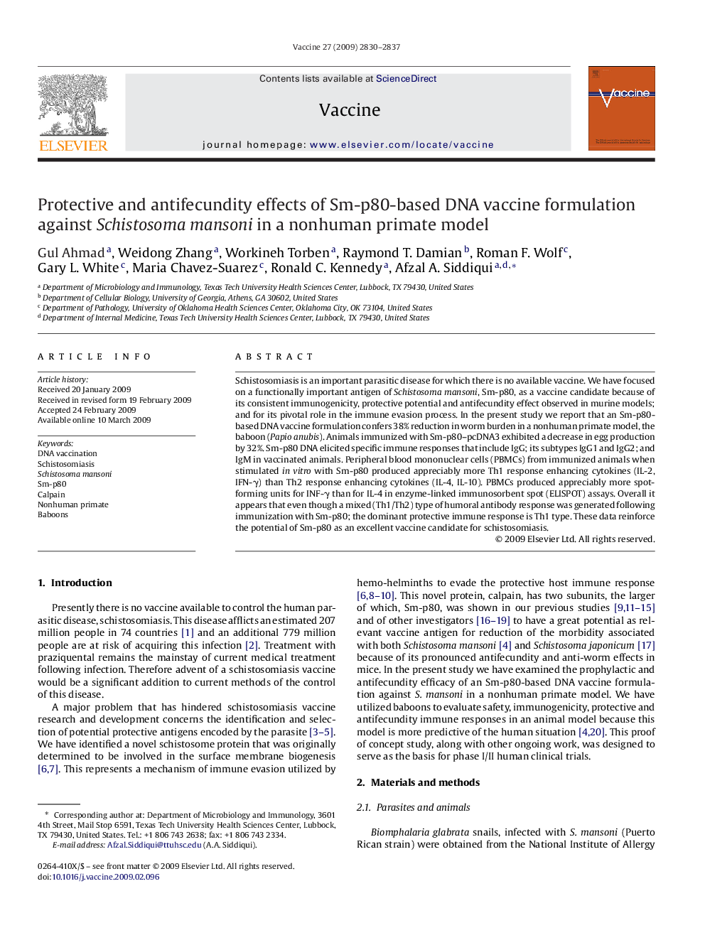 Protective and antifecundity effects of Sm-p80-based DNA vaccine formulation against Schistosoma mansoni in a nonhuman primate model