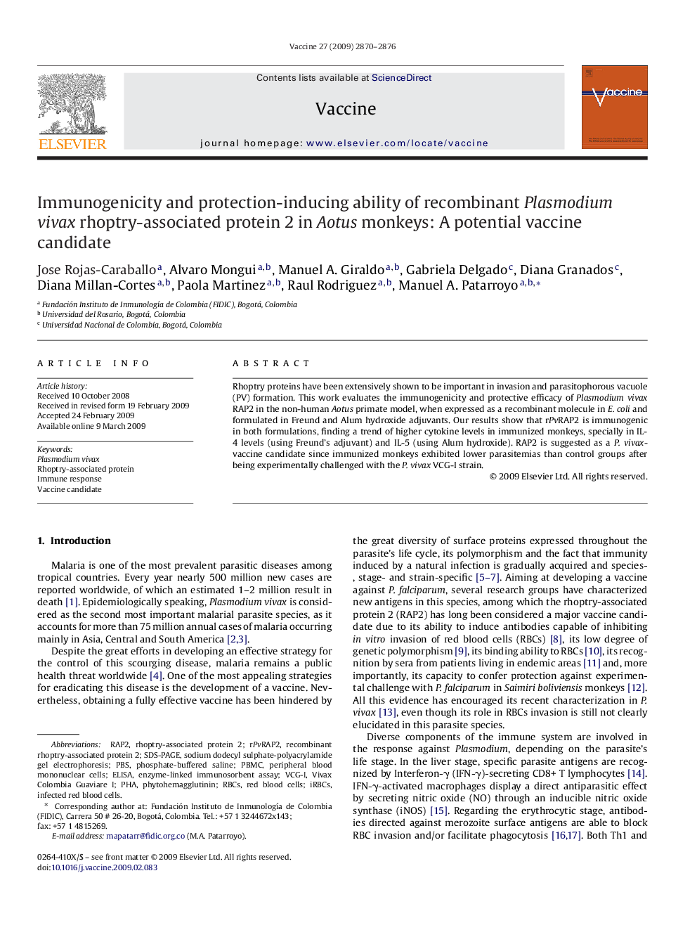 Immunogenicity and protection-inducing ability of recombinant Plasmodium vivax rhoptry-associated protein 2 in Aotus monkeys: A potential vaccine candidate