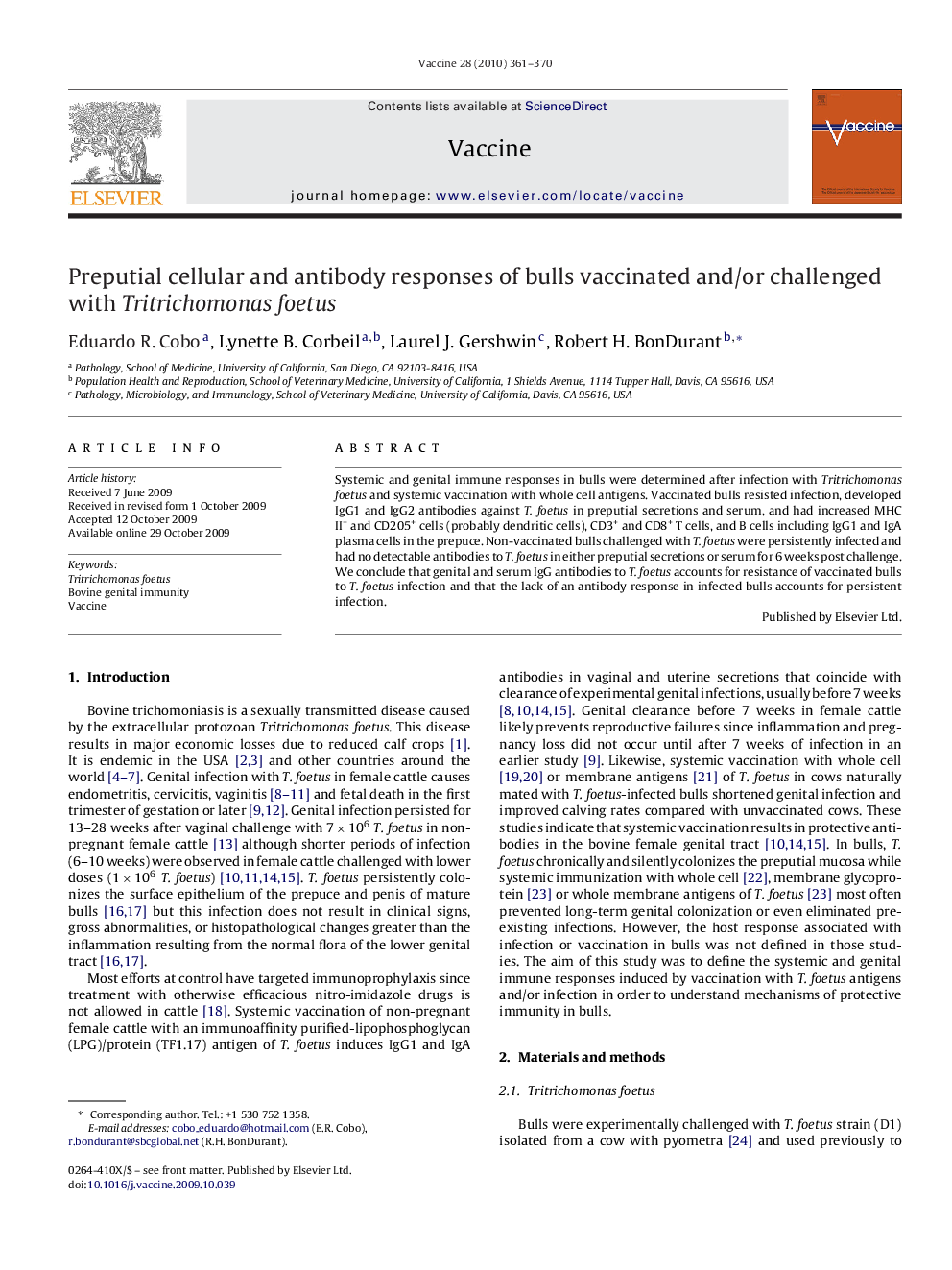 Preputial cellular and antibody responses of bulls vaccinated and/or challenged with Tritrichomonas foetus