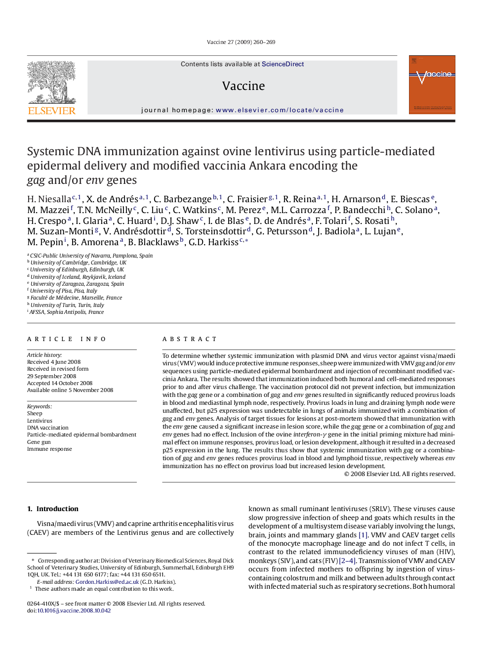 Systemic DNA immunization against ovine lentivirus using particle-mediated epidermal delivery and modified vaccinia Ankara encoding the gag and/or env genes