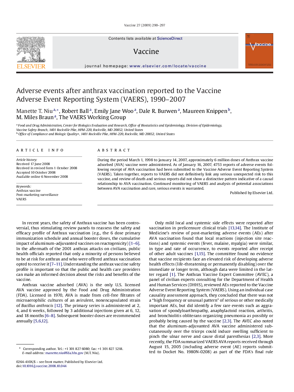 Adverse events after anthrax vaccination reported to the Vaccine Adverse Event Reporting System (VAERS), 1990–2007