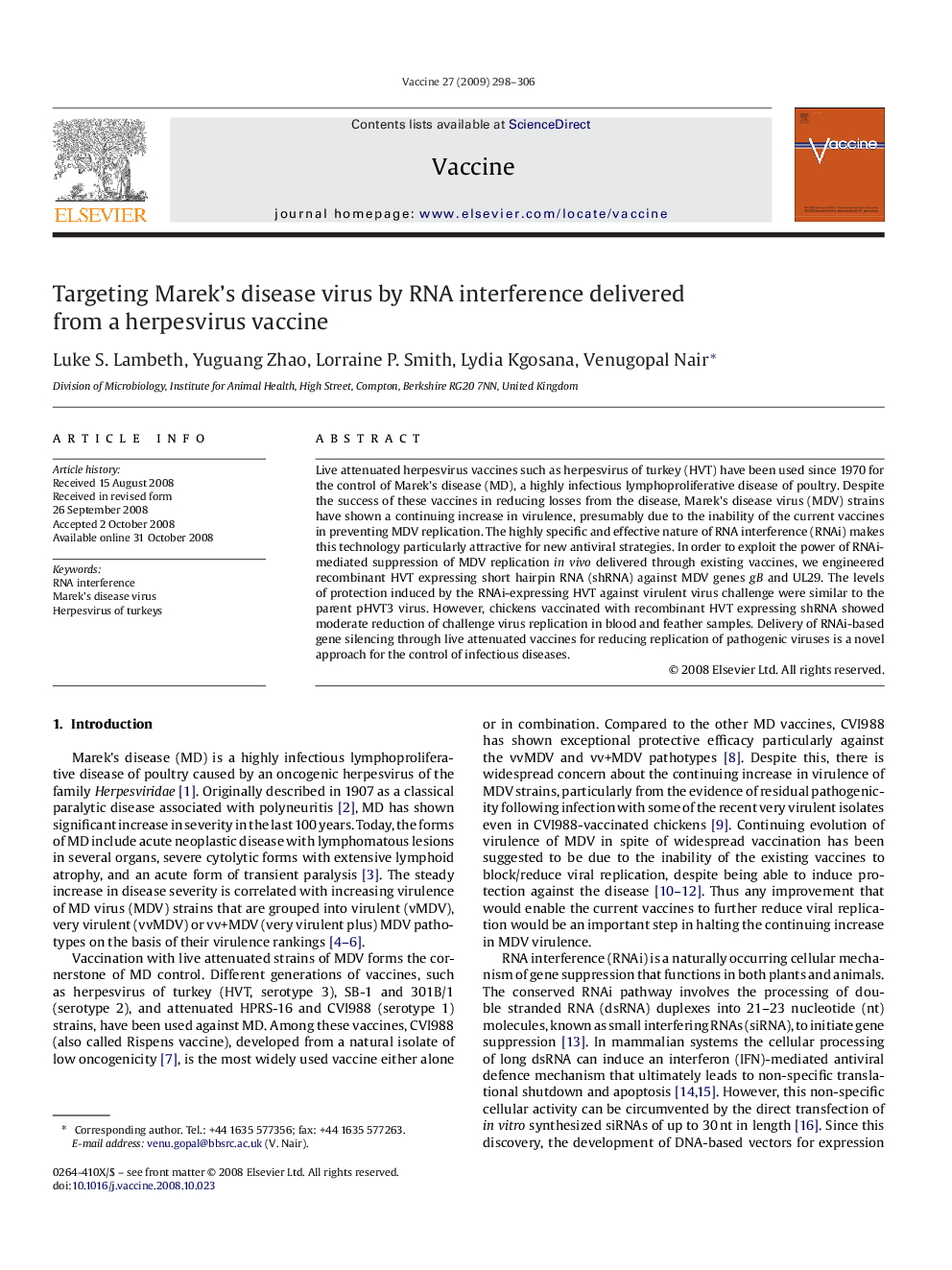 Targeting Marek's disease virus by RNA interference delivered from a herpesvirus vaccine