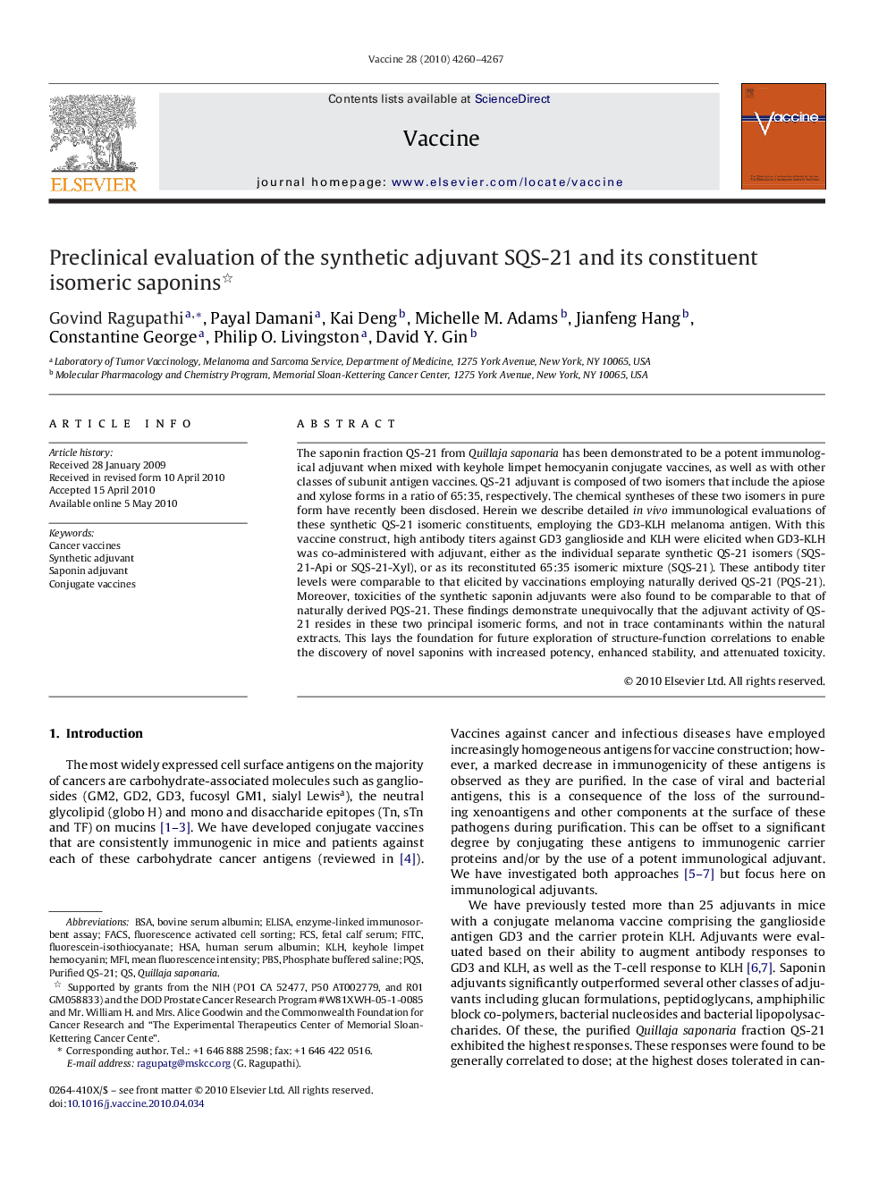 Preclinical evaluation of the synthetic adjuvant SQS-21 and its constituent isomeric saponins 