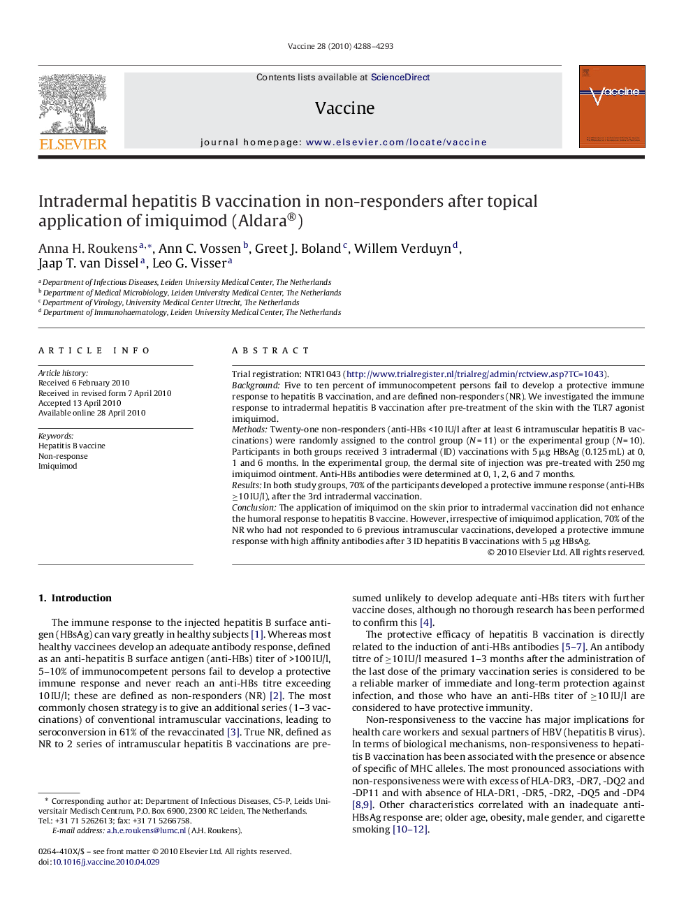 Intradermal hepatitis B vaccination in non-responders after topical application of imiquimod (Aldara®)