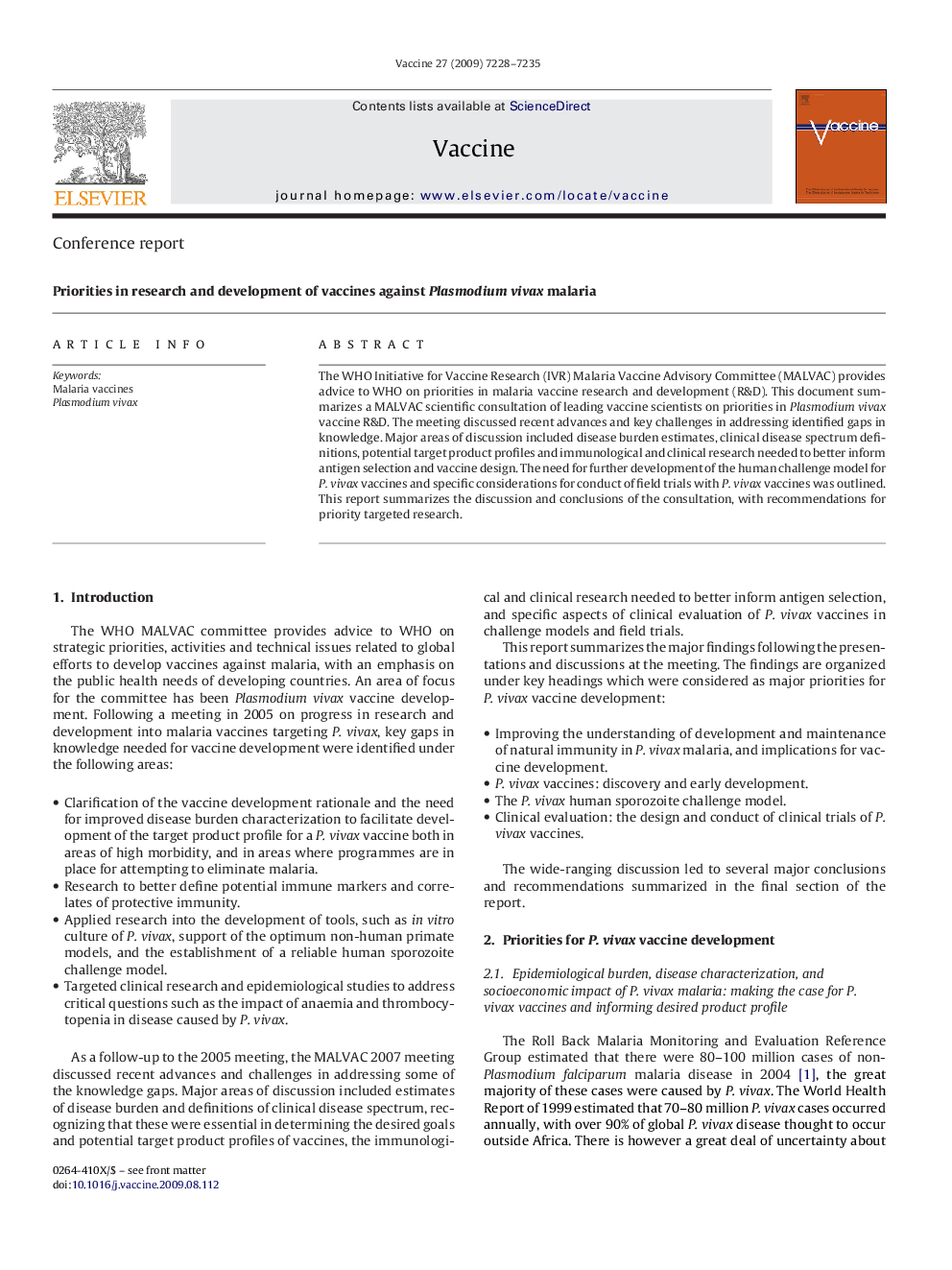 Priorities in research and development of vaccines against Plasmodium vivax malaria