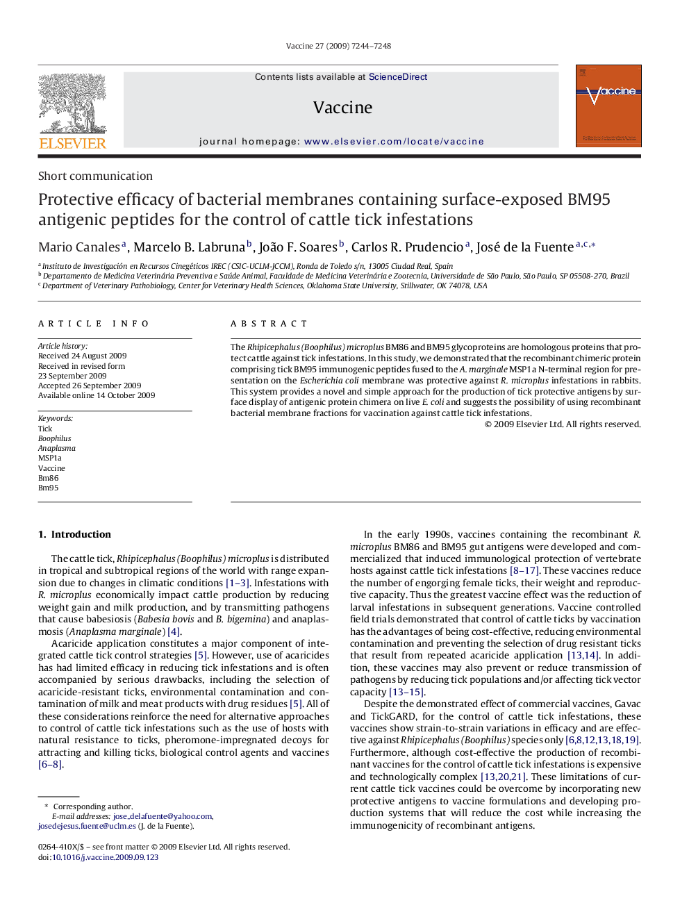 Protective efficacy of bacterial membranes containing surface-exposed BM95 antigenic peptides for the control of cattle tick infestations