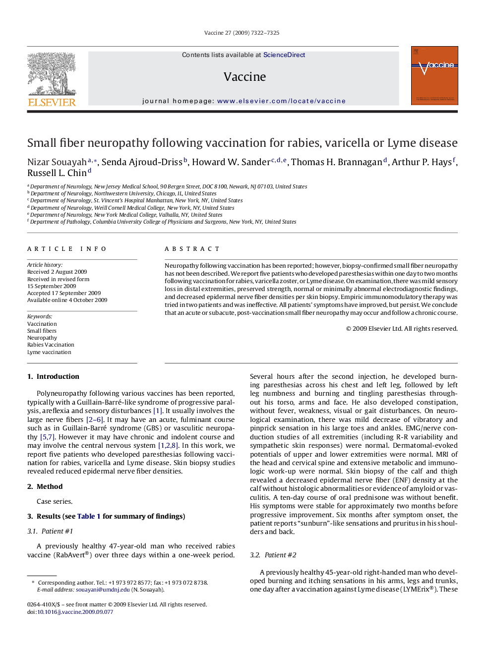 Small fiber neuropathy following vaccination for rabies, varicella or Lyme disease