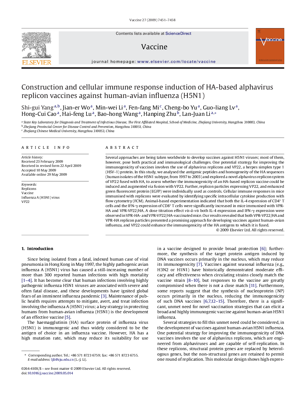 Construction and cellular immune response induction of HA-based alphavirus replicon vaccines against human-avian influenza (H5N1)