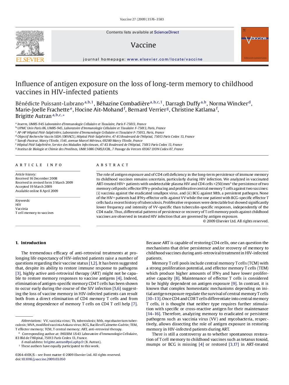 Influence of antigen exposure on the loss of long-term memory to childhood vaccines in HIV-infected patients