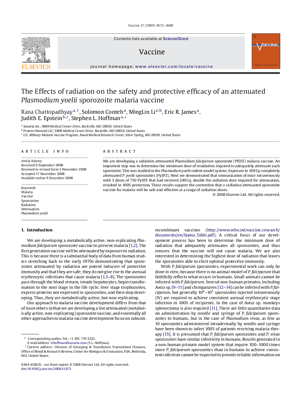 The Effects of radiation on the safety and protective efficacy of an attenuated Plasmodium yoelii sporozoite malaria vaccine