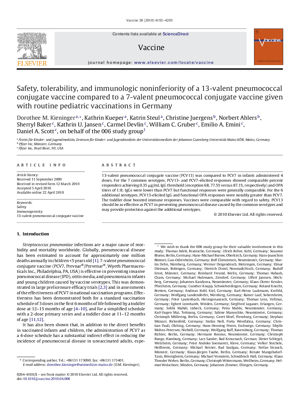 Safety, tolerability, and immunologic noninferiority of a 13-valent pneumococcal conjugate vaccine compared to a 7-valent pneumococcal conjugate vaccine given with routine pediatric vaccinations in Germany