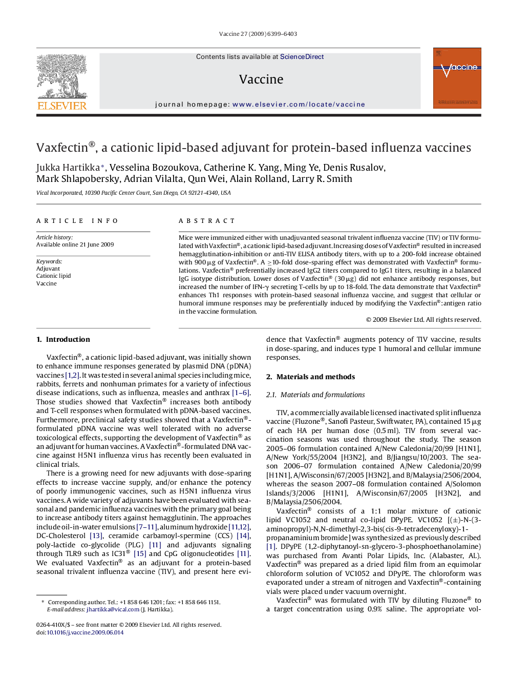 Vaxfectin®, a cationic lipid-based adjuvant for protein-based influenza vaccines