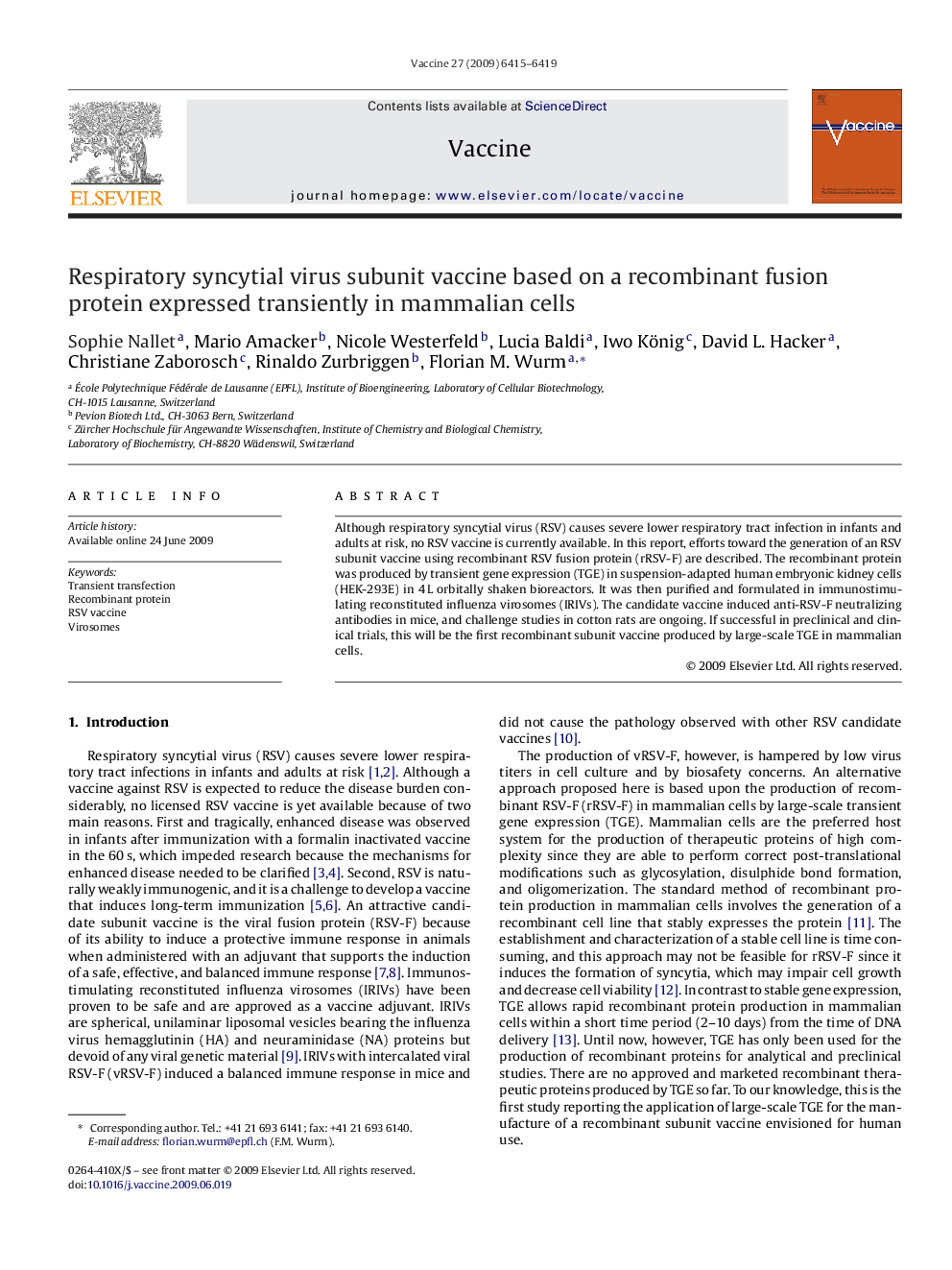 Respiratory syncytial virus subunit vaccine based on a recombinant fusion protein expressed transiently in mammalian cells