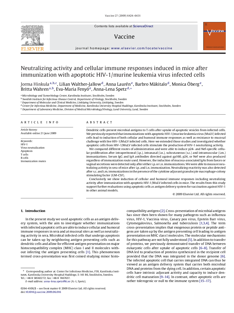 Neutralizing activity and cellular immune responses induced in mice after immunization with apoptotic HIV-1/murine leukemia virus infected cells