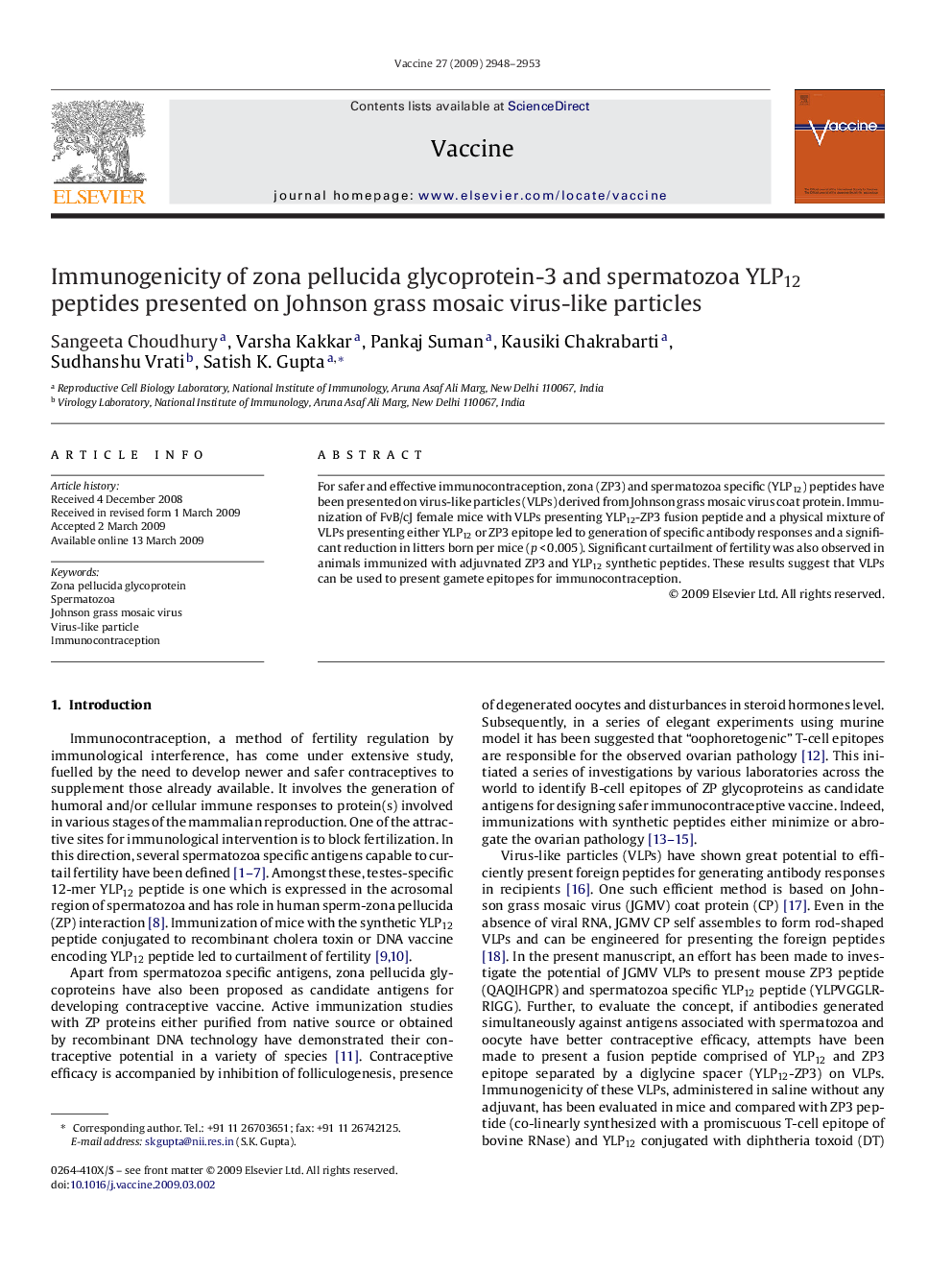 Immunogenicity of zona pellucida glycoprotein-3 and spermatozoa YLP12 peptides presented on Johnson grass mosaic virus-like particles