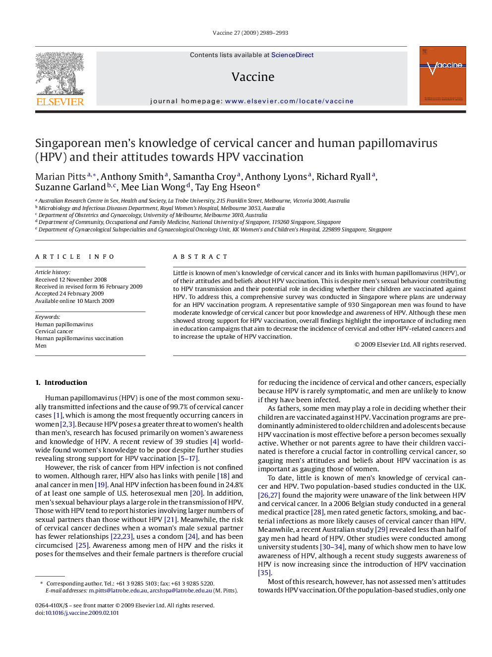 Singaporean men's knowledge of cervical cancer and human papillomavirus (HPV) and their attitudes towards HPV vaccination