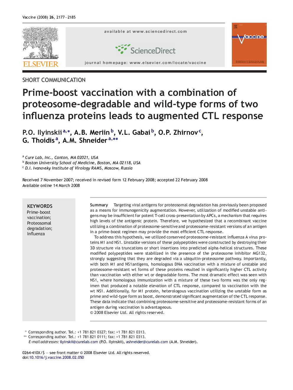 Prime-boost vaccination with a combination of proteosome-degradable and wild-type forms of two influenza proteins leads to augmented CTL response