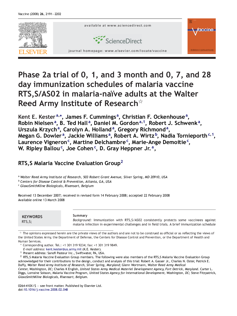 Phase 2a trial of 0, 1, and 3 month and 0, 7, and 28 day immunization schedules of malaria vaccine RTS,S/AS02 in malaria-naïve adults at the Walter Reed Army Institute of Research 