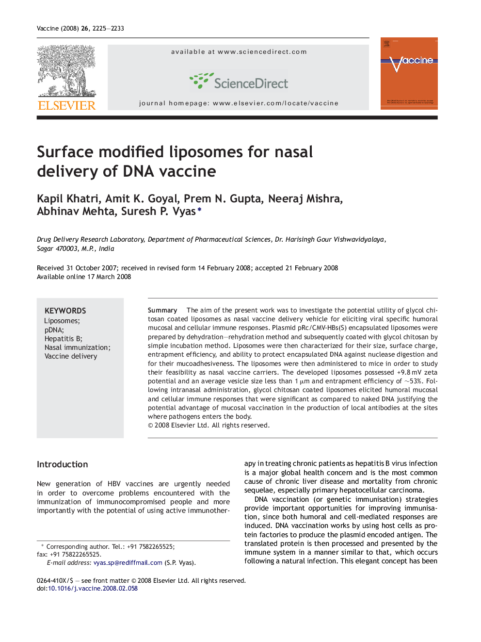 Surface modified liposomes for nasal delivery of DNA vaccine