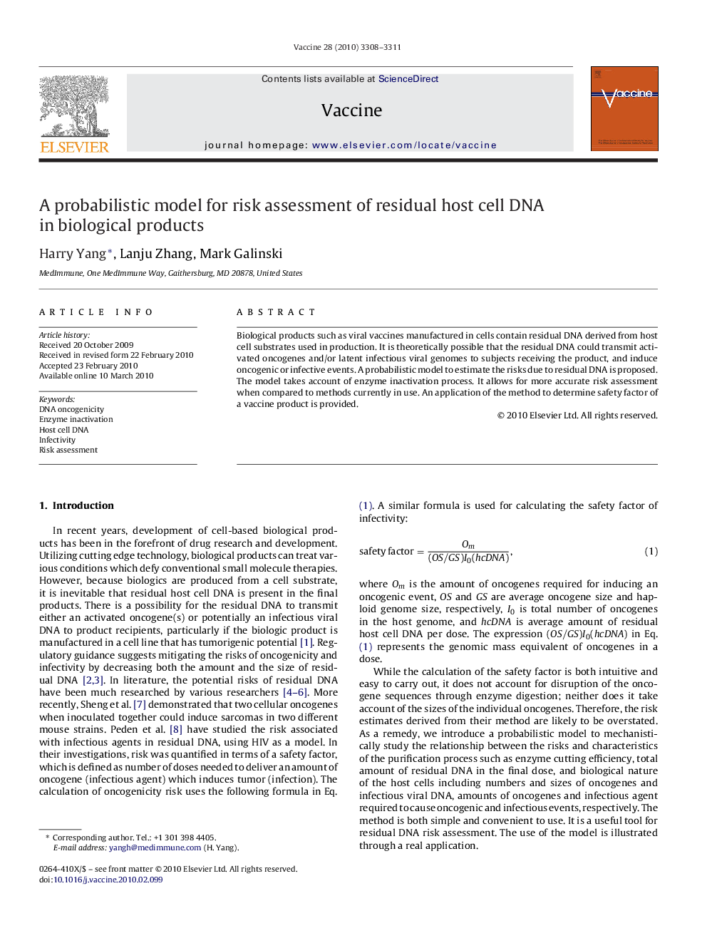 A probabilistic model for risk assessment of residual host cell DNA in biological products