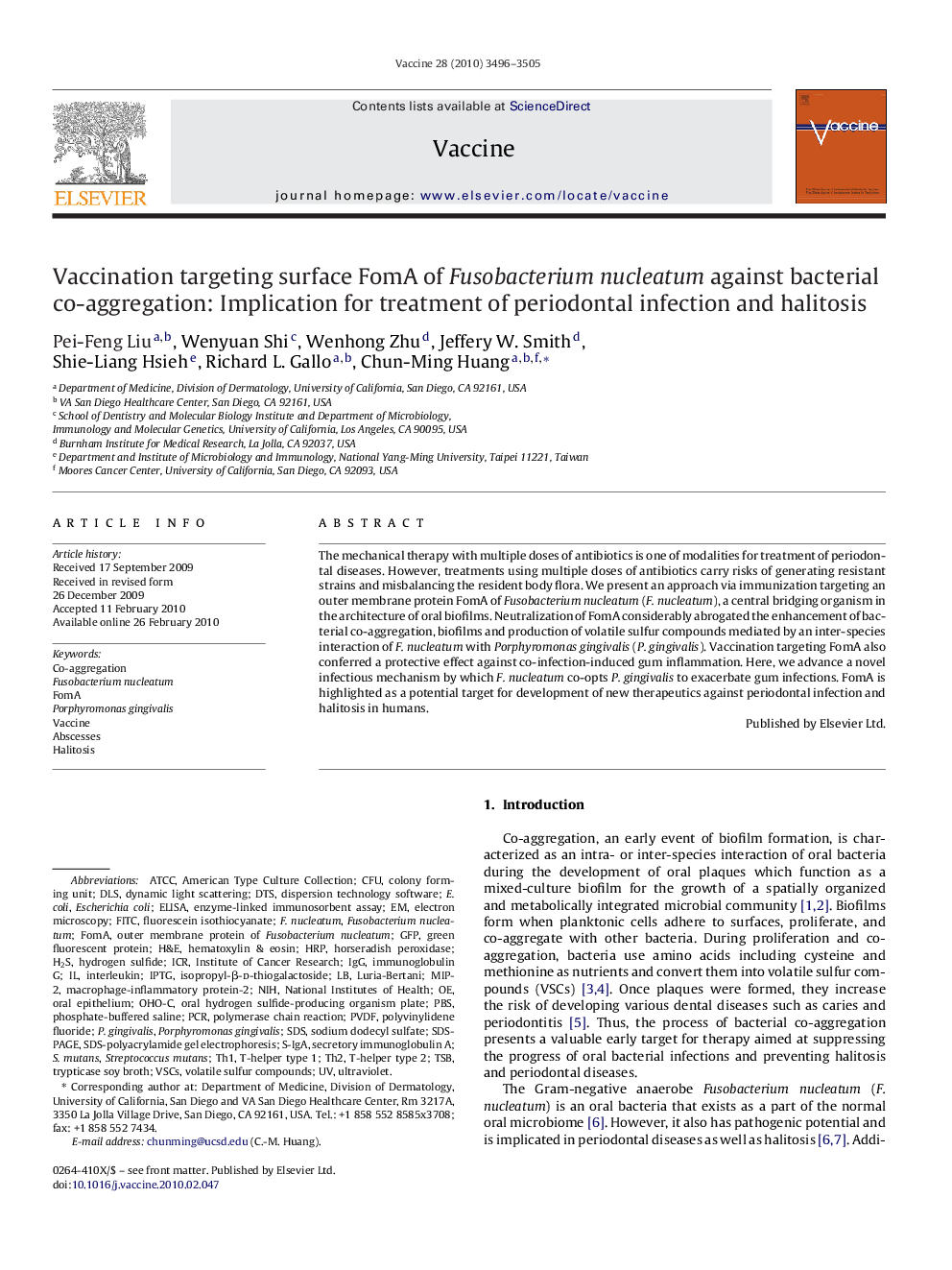 Vaccination targeting surface FomA of Fusobacterium nucleatum against bacterial co-aggregation: Implication for treatment of periodontal infection and halitosis