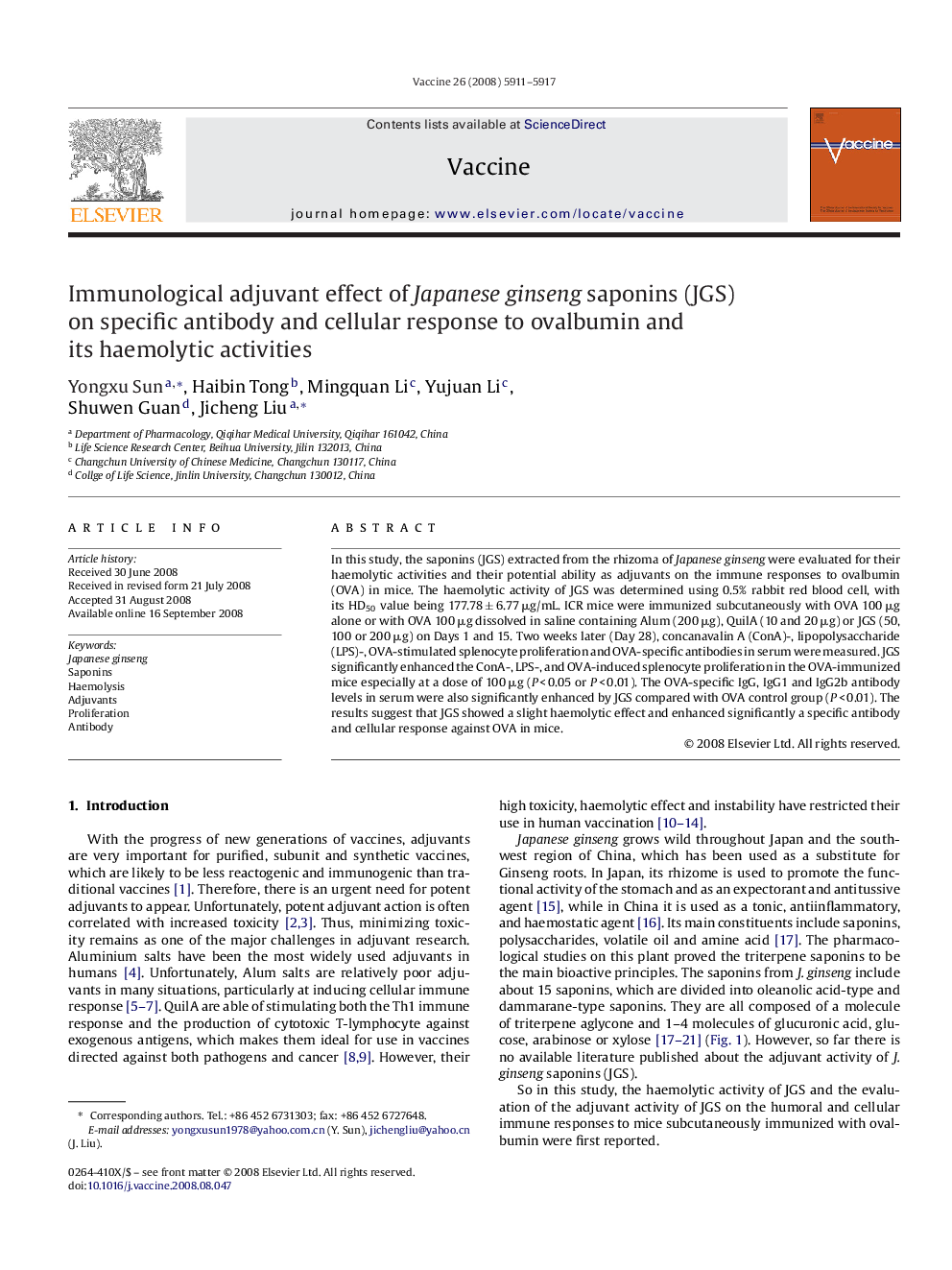 Immunological adjuvant effect of Japanese ginseng saponins (JGS) on specific antibody and cellular response to ovalbumin and its haemolytic activities