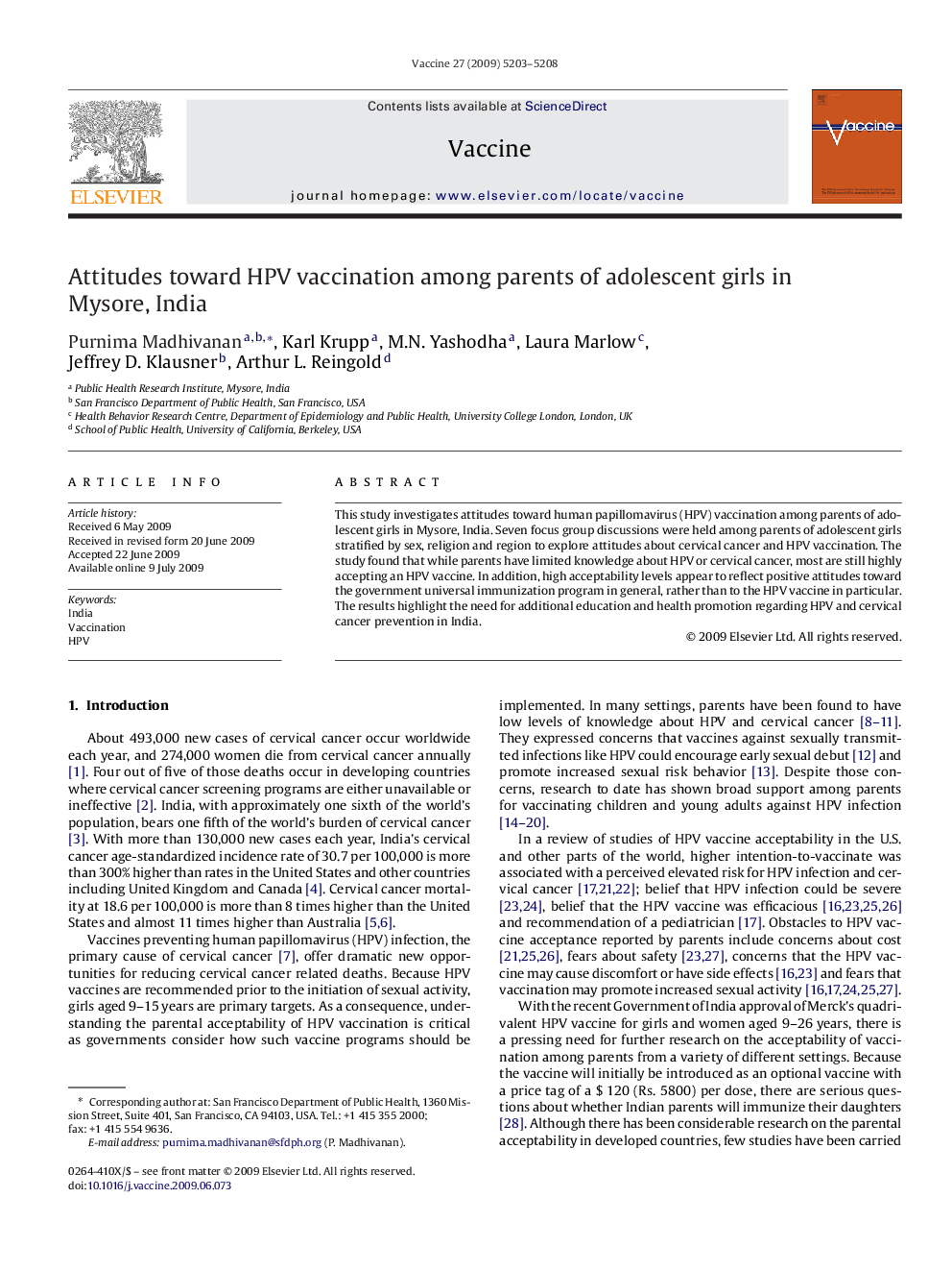 Attitudes toward HPV vaccination among parents of adolescent girls in Mysore, India