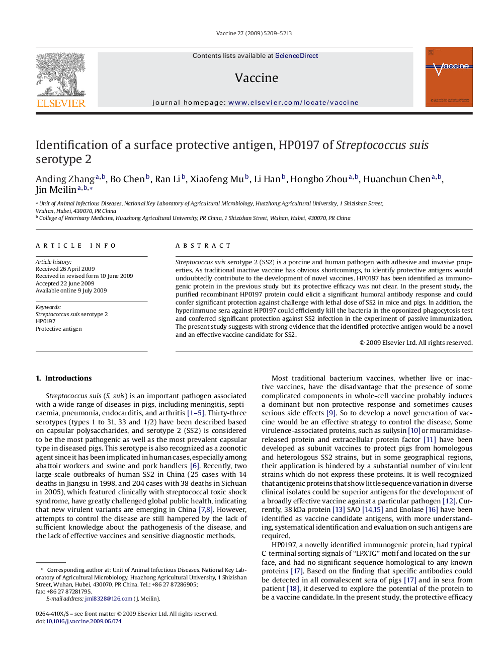 Identification of a surface protective antigen, HP0197 of Streptococcus suis serotype 2