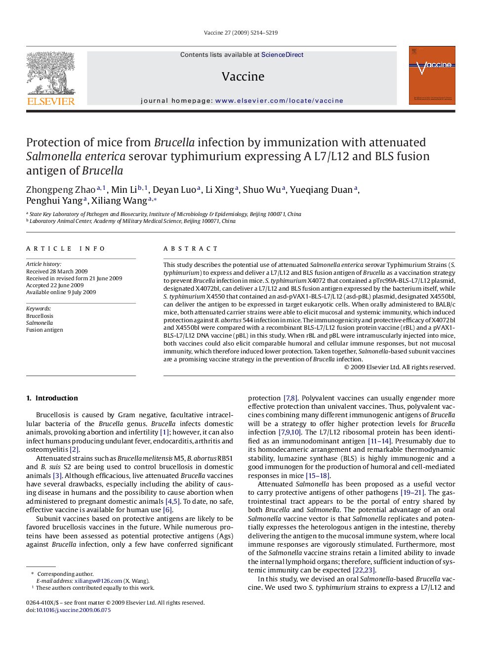 Protection of mice from Brucella infection by immunization with attenuated Salmonellaenterica serovar typhimurium expressing A L7/L12 and BLS fusion antigen of Brucella