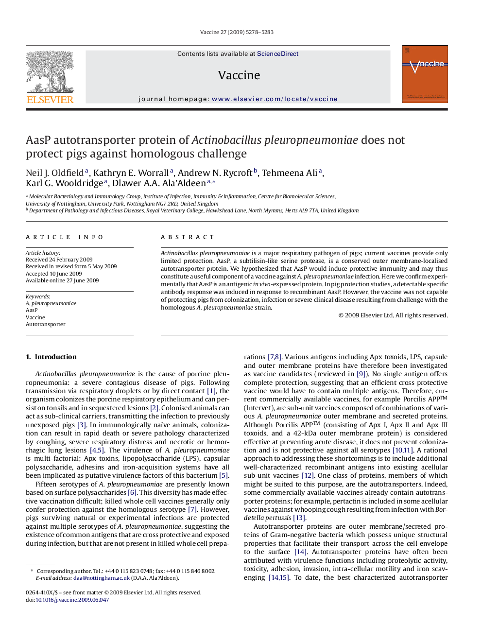 AasP autotransporter protein of Actinobacillus pleuropneumoniae does not protect pigs against homologous challenge