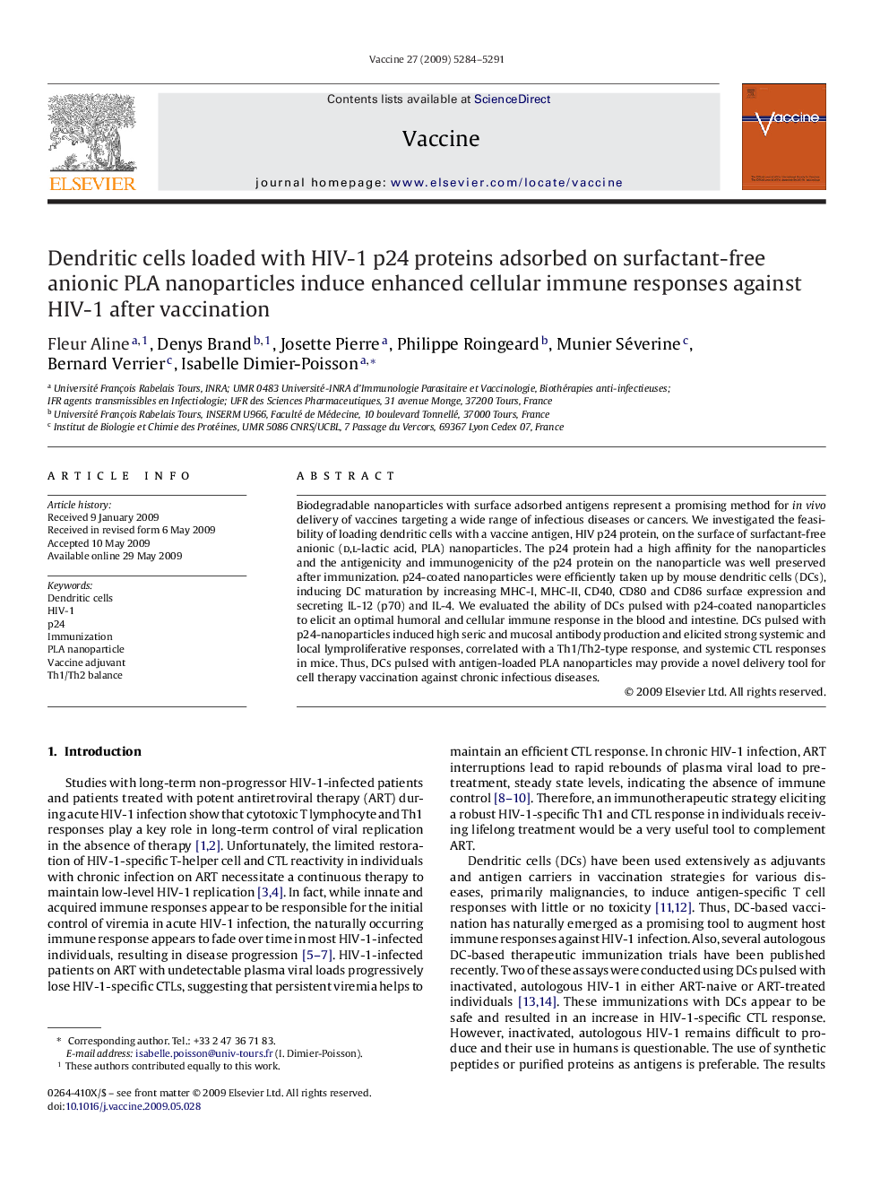 Dendritic cells loaded with HIV-1 p24 proteins adsorbed on surfactant-free anionic PLA nanoparticles induce enhanced cellular immune responses against HIV-1 after vaccination