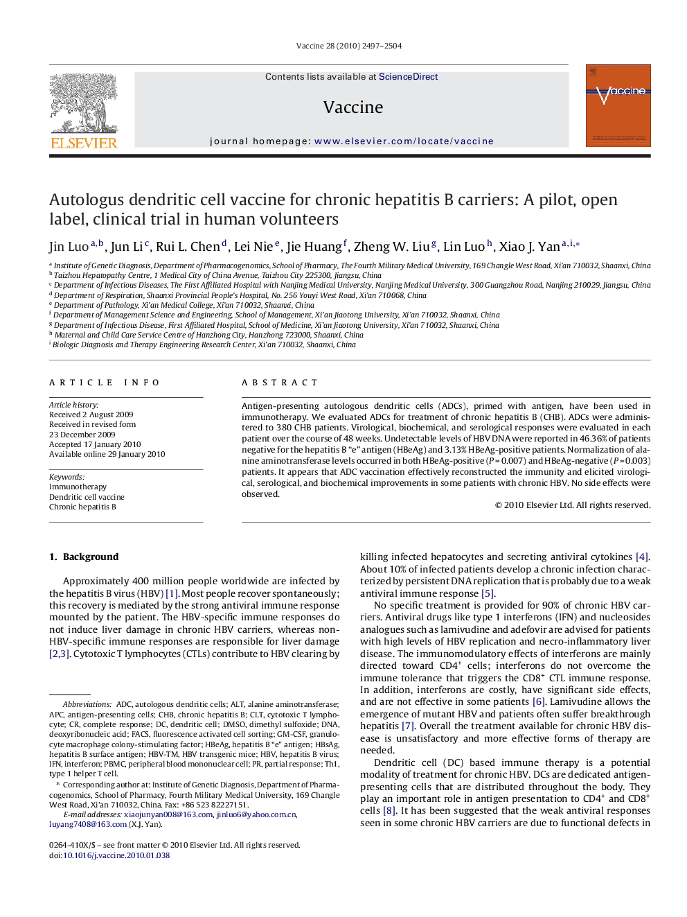 Autologus dendritic cell vaccine for chronic hepatitis B carriers: A pilot, open label, clinical trial in human volunteers