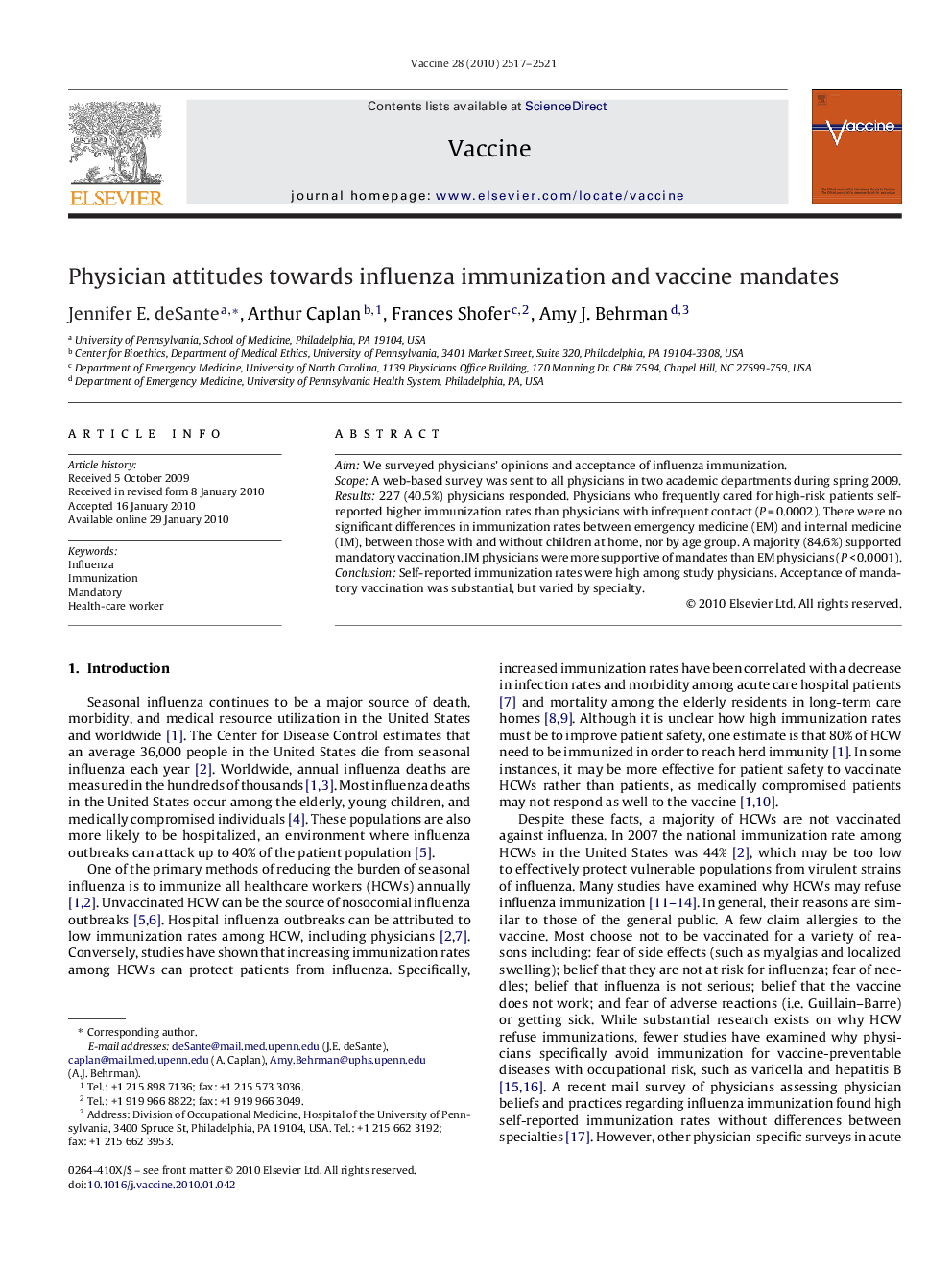 Physician attitudes towards influenza immunization and vaccine mandates