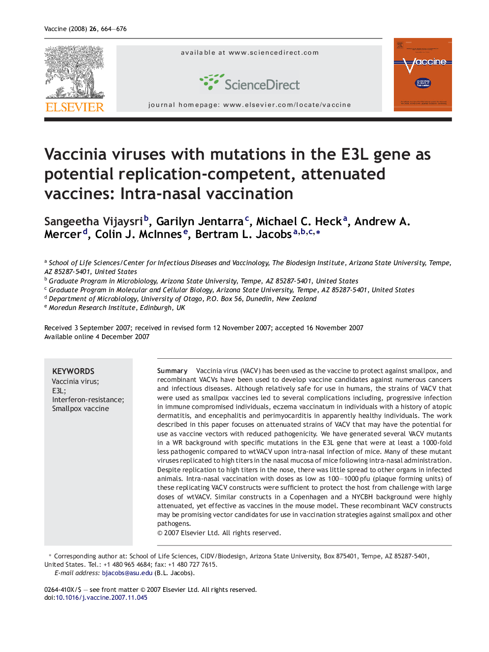 Vaccinia viruses with mutations in the E3L gene as potential replication-competent, attenuated vaccines: Intra-nasal vaccination