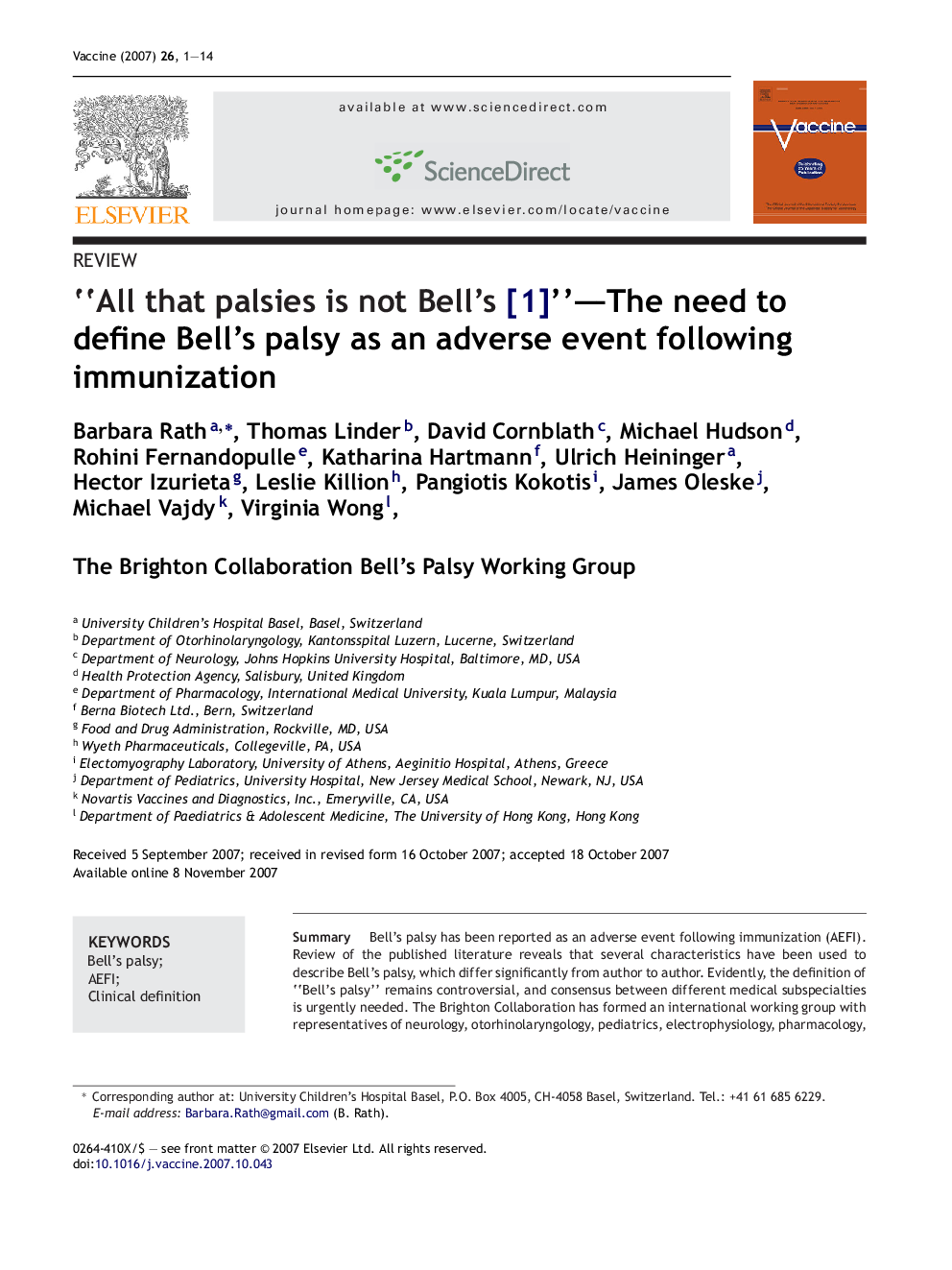 “All that palsies is not Bell's [1]”—The need to define Bell's palsy as an adverse event following immunization