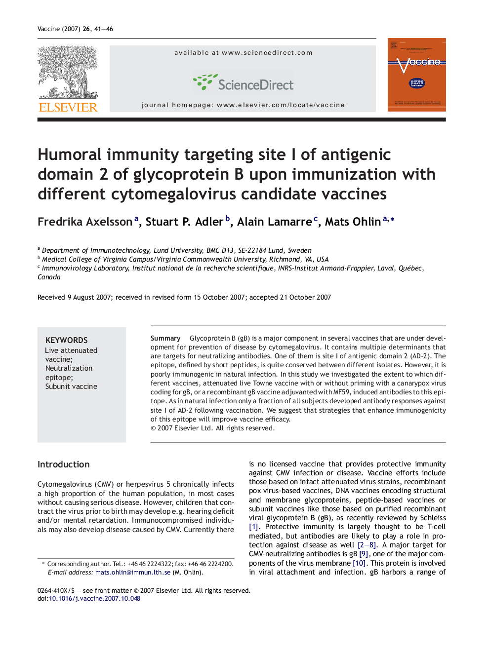 Humoral immunity targeting site I of antigenic domain 2 of glycoprotein B upon immunization with different cytomegalovirus candidate vaccines