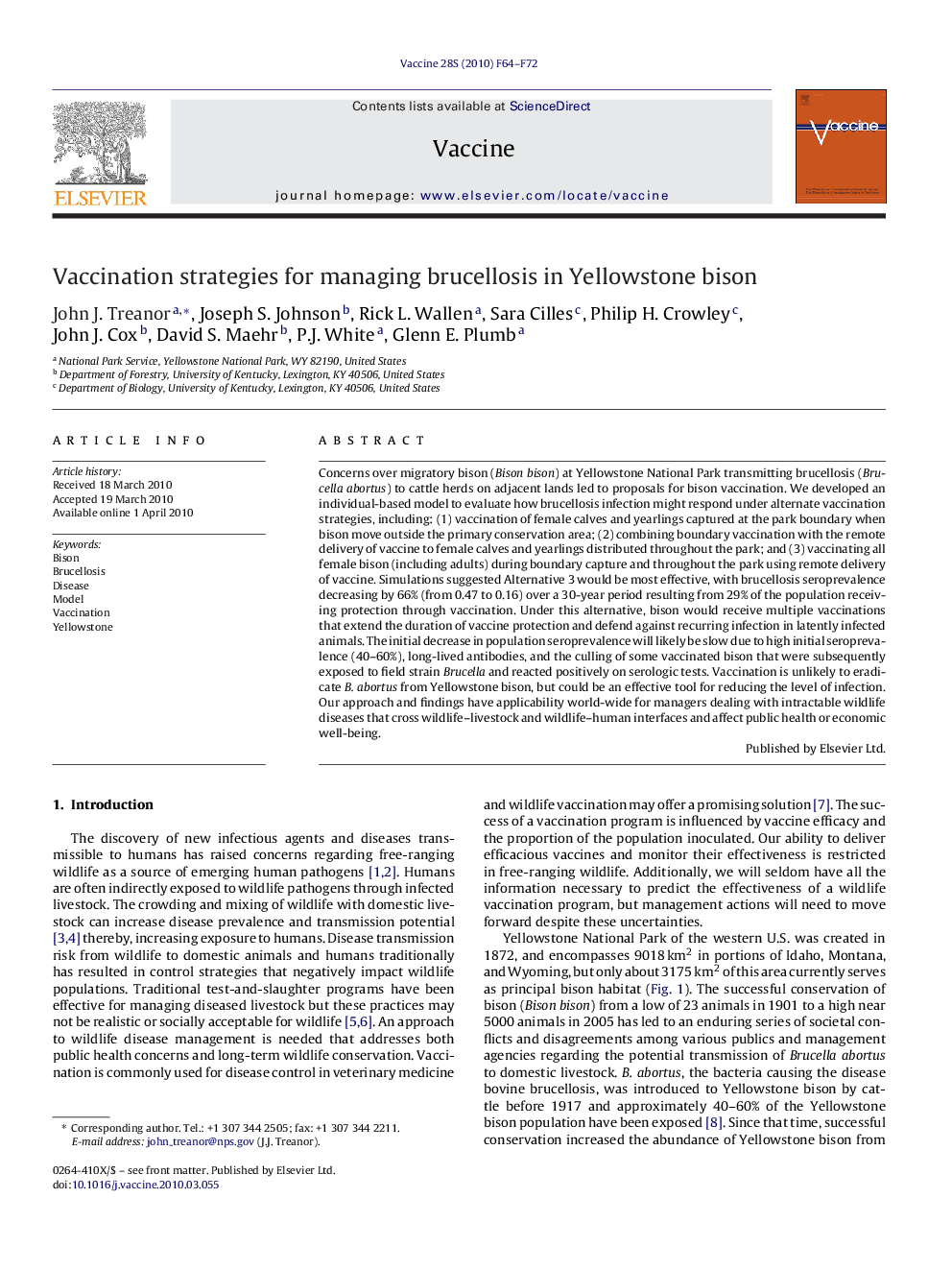 Vaccination strategies for managing brucellosis in Yellowstone bison