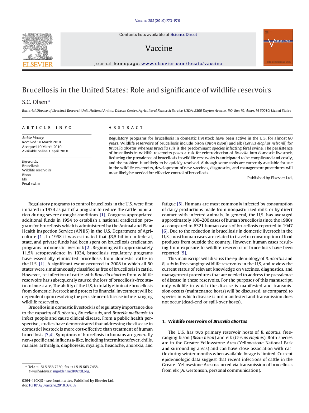 Brucellosis in the United States: Role and significance of wildlife reservoirs