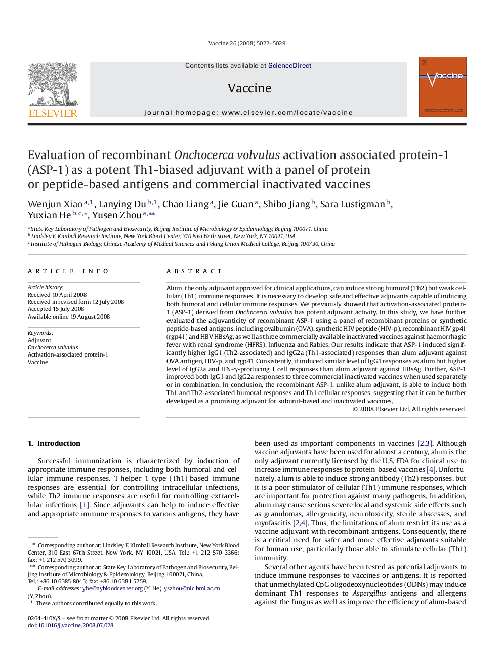 Evaluation of recombinant Onchocerca volvulus activation associated protein-1 (ASP-1) as a potent Th1-biased adjuvant with a panel of protein or peptide-based antigens and commercial inactivated vaccines