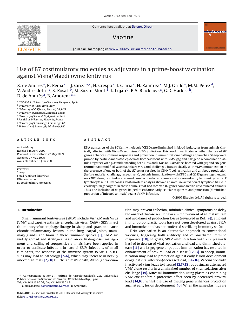 Use of B7 costimulatory molecules as adjuvants in a prime-boost vaccination against Visna/Maedi ovine lentivirus