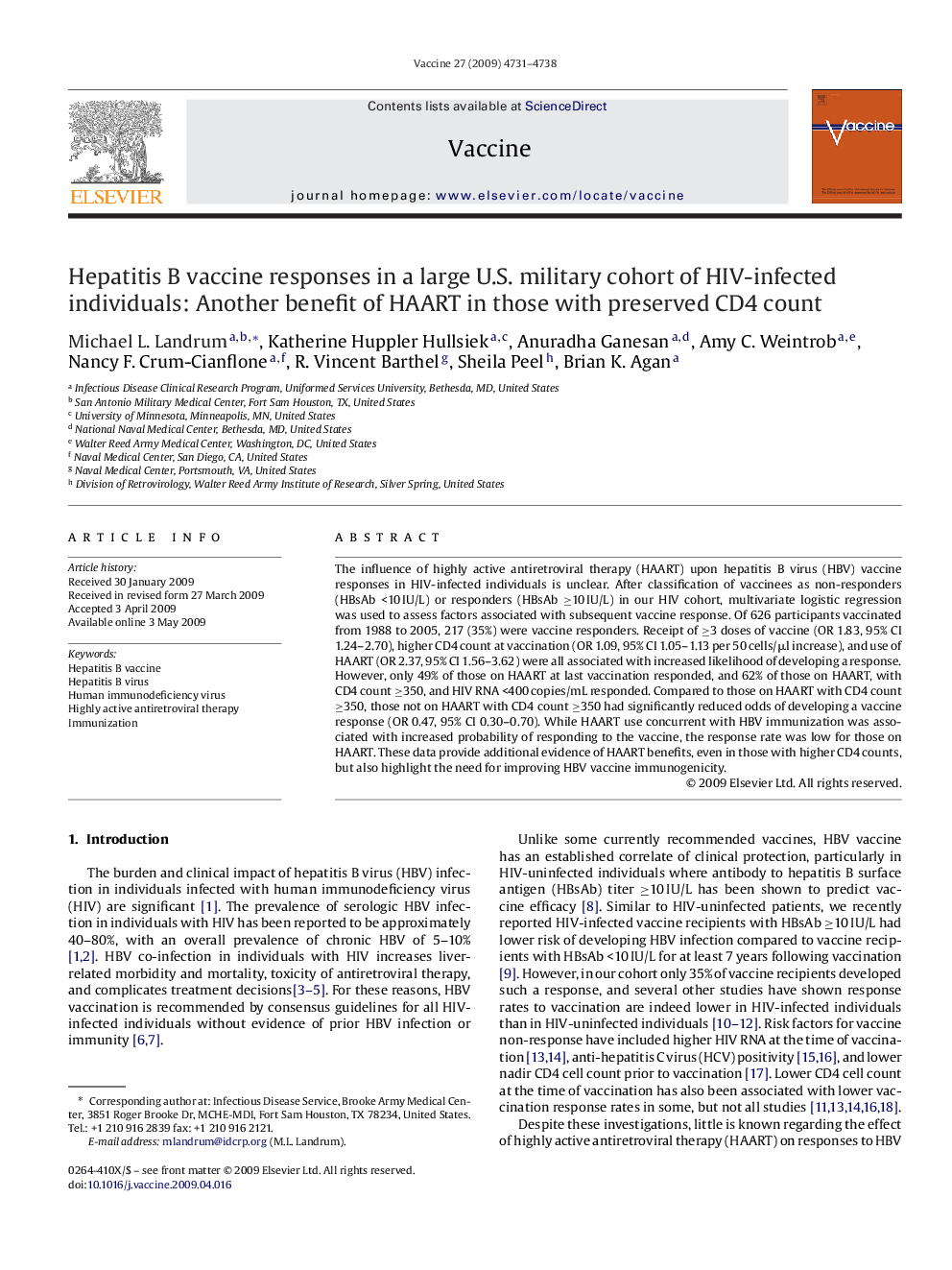 Hepatitis B vaccine responses in a large U.S. military cohort of HIV-infected individuals: Another benefit of HAART in those with preserved CD4 count