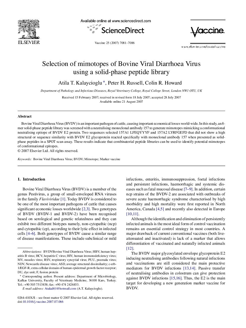 Selection of mimotopes of Bovine Viral Diarrhoea Virus using a solid-phase peptide library