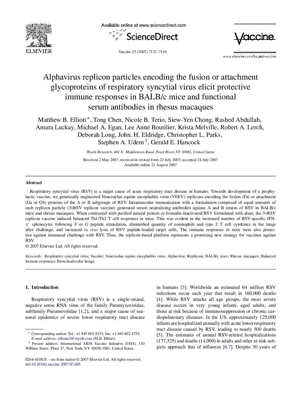 Alphavirus replicon particles encoding the fusion or attachment glycoproteins of respiratory syncytial virus elicit protective immune responses in BALB/c mice and functional serum antibodies in rhesus macaques