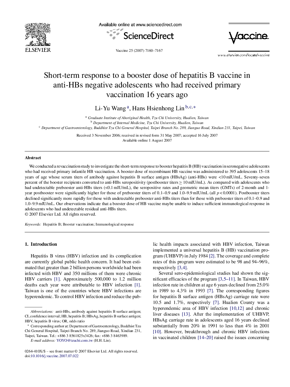 Short-term response to a booster dose of hepatitis B vaccine in anti-HBs negative adolescents who had received primary vaccination 16 years ago