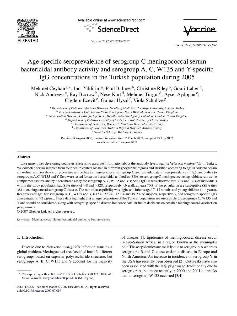 Age-specific seroprevalence of serogroup C meningococcal serum bactericidal antibody activity and serogroup A, C, W135 and Y-specific IgG concentrations in the Turkish population during 2005